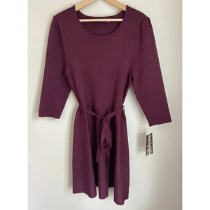 NWT Nina Leonard Sweater Dress Fit Flare Tie Waist Maroon Extra Large XL New